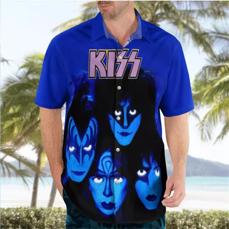 Rock Kiss 3D Beach Hawaiian 2022 Suvel Anime Särk, Lühikese Varrukaga Särk Streetwear Liiga 5XL Camisa Sotsiaalne Chemise Homme - 0