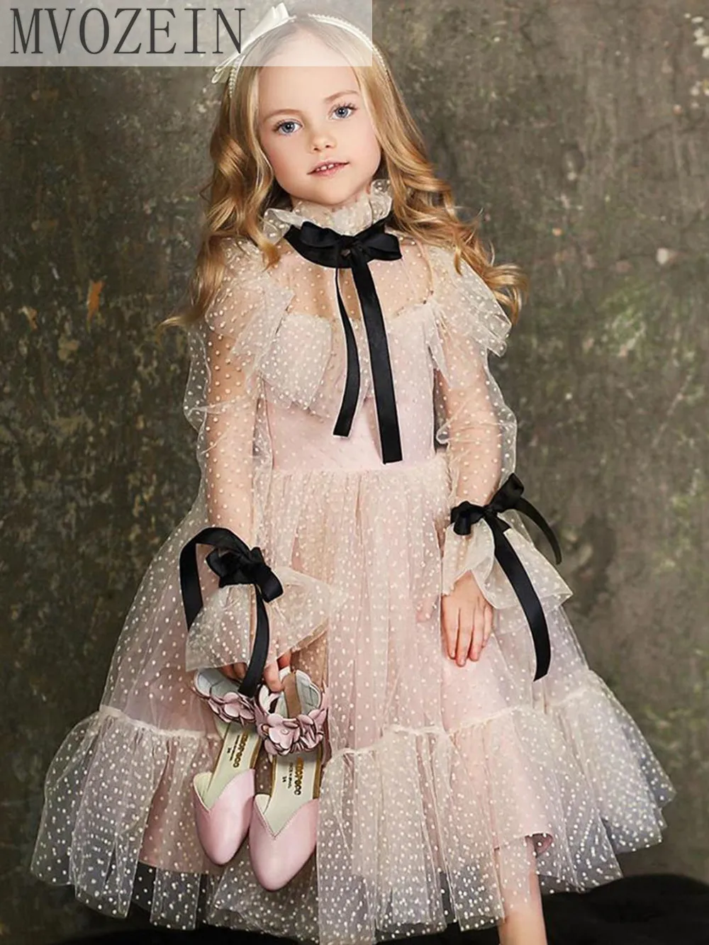 Mvozein Pundunud lilleneiu Kleit Polka-dot Tülli Sünnipäev Tüdruk Kleit Pikkade Varrukatega Tüdruk Pulmapidu Kleit Laste Kleit - 0