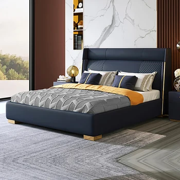 Difen nahast kunsti voodi, kerge, luksuslik esimene kiht cowhide voodi, magamistuba, pehme voodi, lihtne ja kaasaegne suurus pulm voodi
