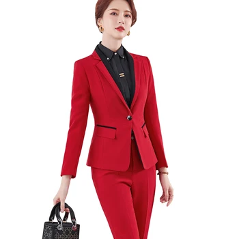 Naiste Office Ametlik Töö Kanda Pükste Ülikonna Pintsak Daamid Punane Must Hall Sinine Pikk Varrukas Klassikaline Tahke Slim Kahe-osaline Komplekt