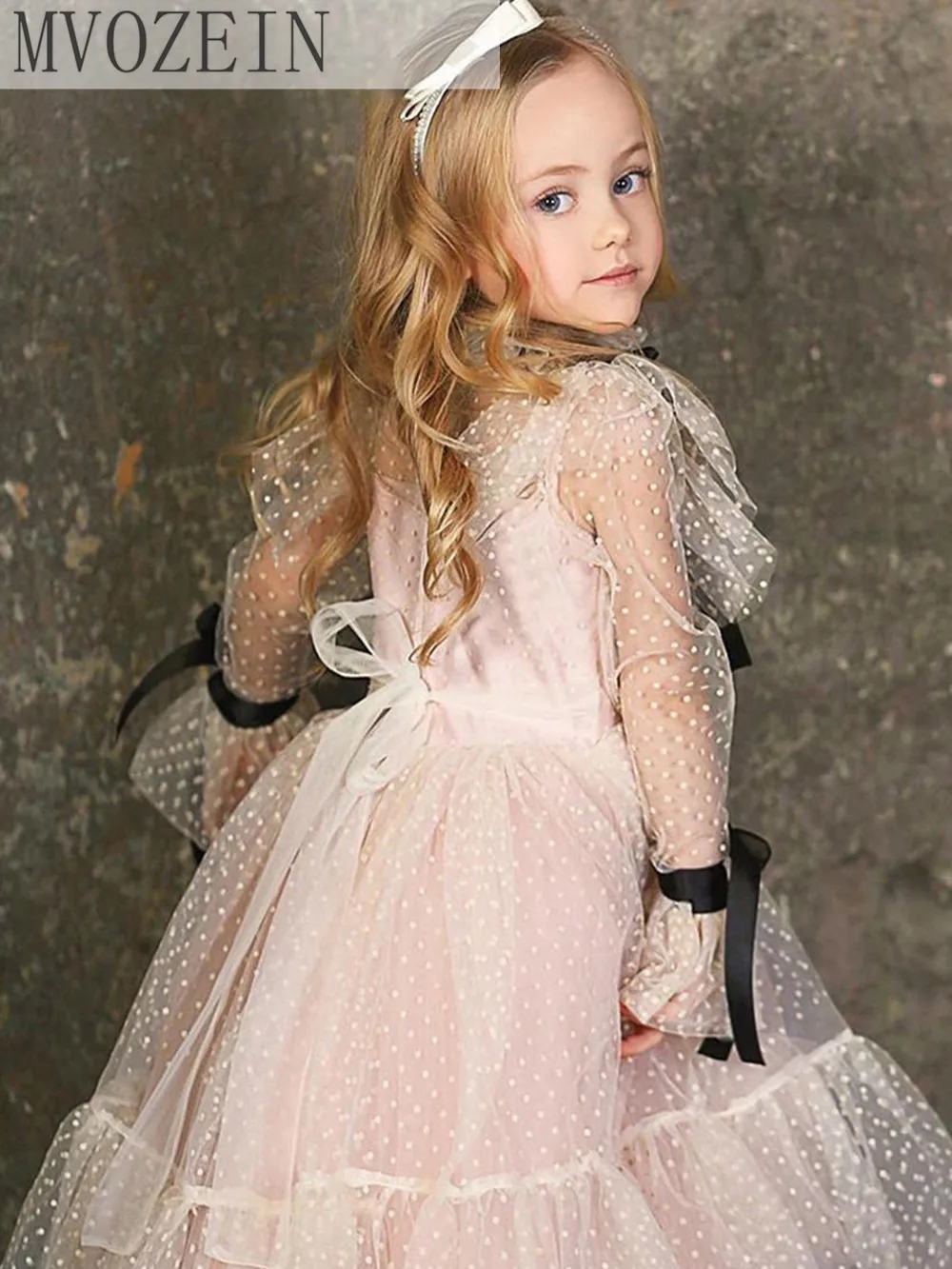 Mvozein Pundunud lilleneiu Kleit Polka-dot Tülli Sünnipäev Tüdruk Kleit Pikkade Varrukatega Tüdruk Pulmapidu Kleit Laste Kleit - 1